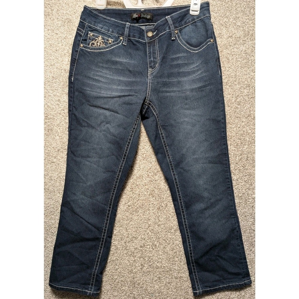 Y2K Bling Flap Jeans Love Indigo‎ Women 8 Blue Denim Capri Embellished